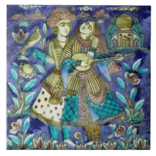 Charming Couple w/Bird, Lute Persian 1800s Repro Tegeltje