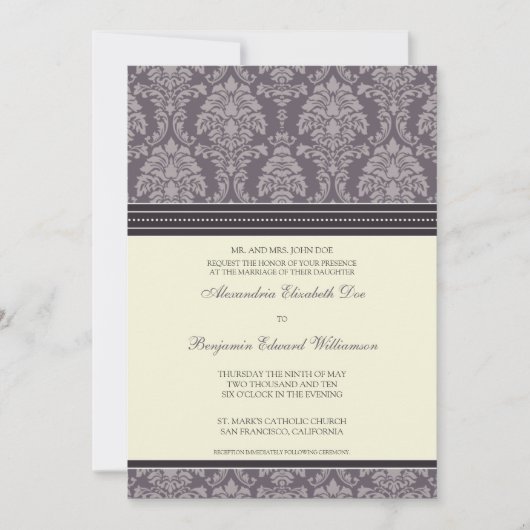 Charming Damask 5x7 huwelijksuitnodiging: pruim Kaart (Voorkant)