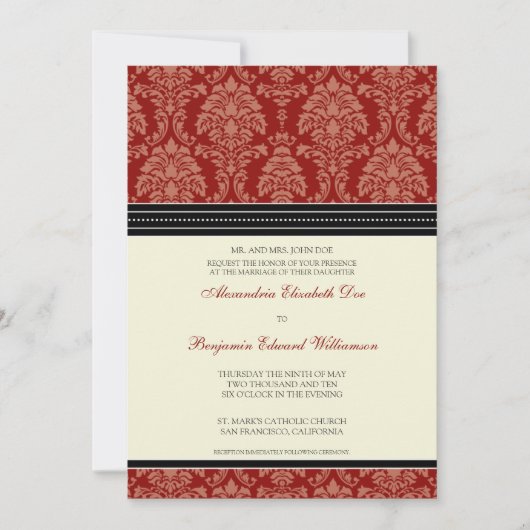 Charming Damask 5x7 huwelijksuitnodiging: Rood Kaart (Voorkant)