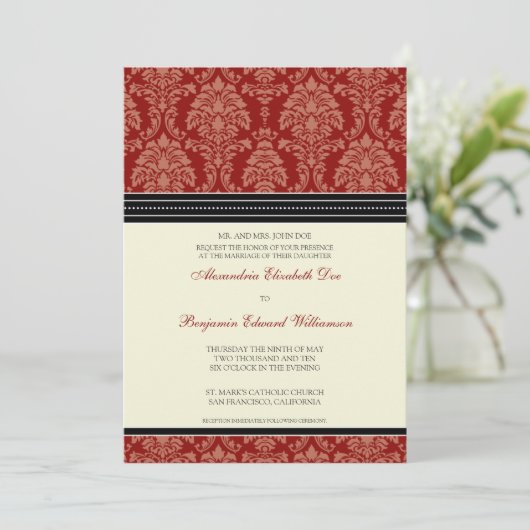 Charming Damask 5x7 huwelijksuitnodiging: Rood Kaart (Staand voorkant)