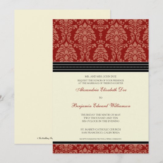 Charming Damask 5x7 huwelijksuitnodiging: Rood Kaart (Voorkant / Achterkant)