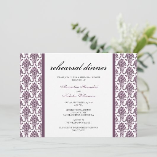 Charming Damask Rehearsal Dinner Invite (lavender) Kaart (Staand voorkant)