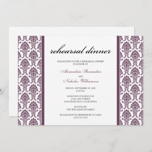 Charming Damask Rehearsal Dinner Invite (lavender) Kaart (Voorkant / Achterkant)