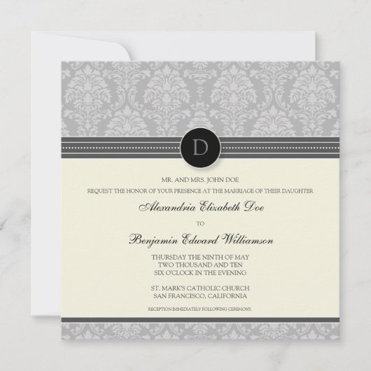 Charming Damask Square Wedding Invitation: Zilver Kaart (Voorkant)