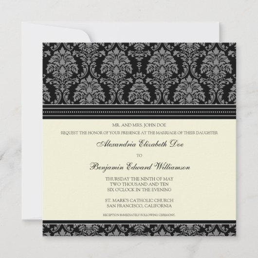 Charming Damask Square Wedding Invitation: zwart Kaart (Voorkant)