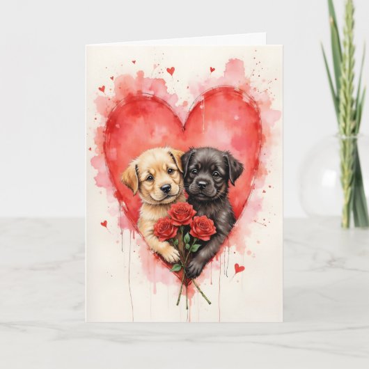 Charming Dogs Valentine Hearts and Red Roses Kaart (Voorkant)