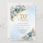 Charming dusty blue florals gold frame 70th bday kaart (Voorkant)