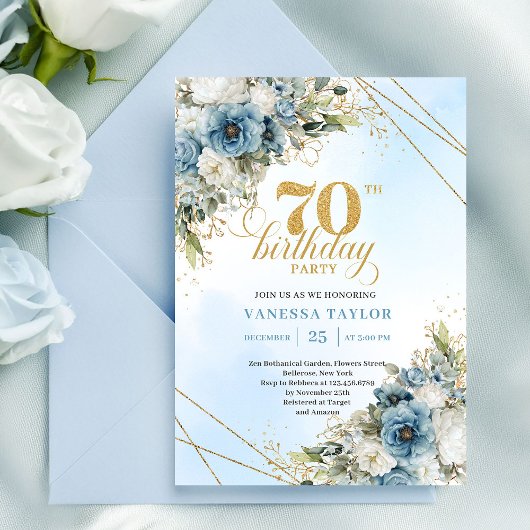 Charming dusty blue florals gold frame 70th bday kaart