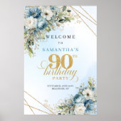 Charming dusty blue florals gold frame 90 birthday poster (Voorkant)