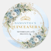 Charming Dusty Blue Gold Greenery Quinceañera  Ronde Sticker (Voorkant)