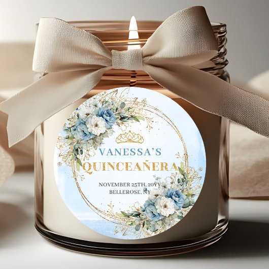 Charming Dusty Blue Gold Greenery Quinceañera  Ronde Sticker