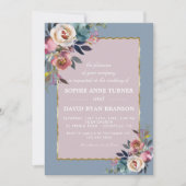 Charming Dusty Blue Misty Roos Floral Gold Wedding Kaart (Voorkant)