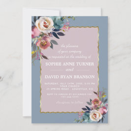 Charming Dusty Blue Misty Roos Floral Gold Wedding Kaart