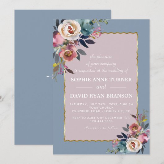 Charming Dusty Blue Misty Roos Floral Gold Wedding Kaart (Voorkant / Achterkant)