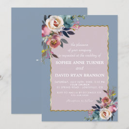 Charming Dusty Blue Misty Roos Floral Gold Wedding Kaart