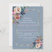 Charming Dusty Blue Misty Roos Floral Gold Wedding Kaart (Voorkant)