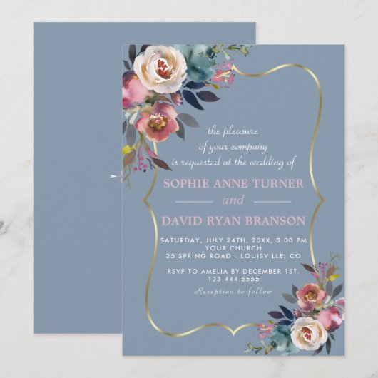 Charming Dusty Blue Misty Roos Floral Gold Wedding Kaart (Voorkant / Achterkant)