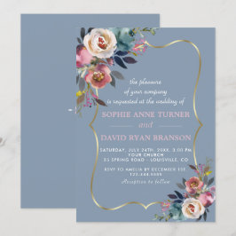 Charming Dusty Blue Misty Roos Floral Gold Wedding Kaart