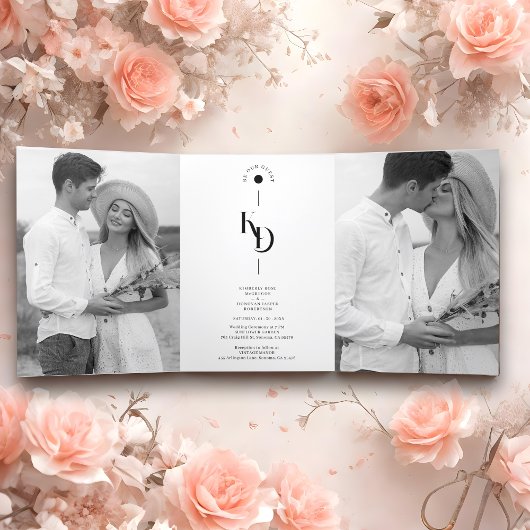Charming Elegant Minimalist Black & White Wedding Drieluik Uitnodiging