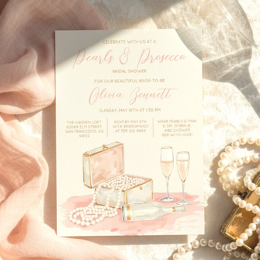 Charming Elegant Pearls & Prosecco Bridal Shower Kaart