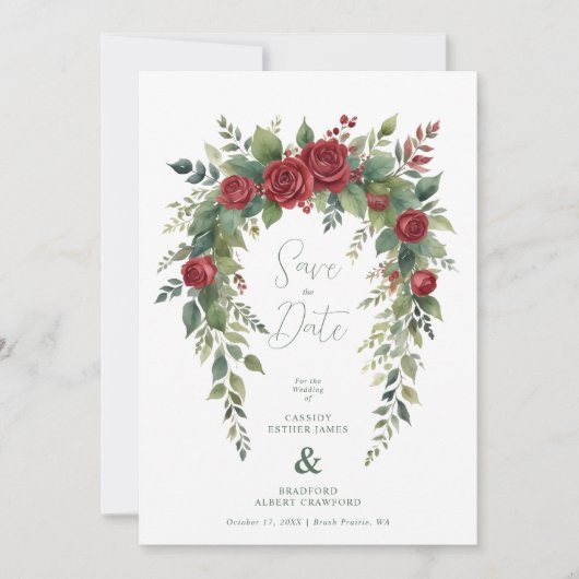 Charming Exquisite Burgundy Roses & Leaves Garland Save The Date (Voorkant)