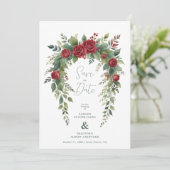 Charming Exquisite Burgundy Roses & Leaves Garland Save The Date (Staand voorkant)