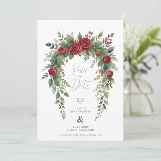 Charming Exquisite Burgundy Roses & Leaves Garland Save The Date (Staand voorkant)