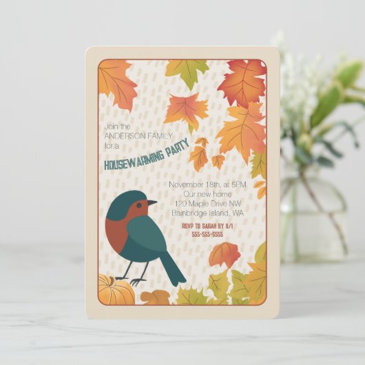 Charming Fall Housewarming Leaves Minimalist Bird Kaart (Staand voorkant)