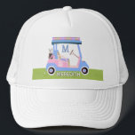 Charming Feminine Golf Cart Clubs Monogram Trucker Pet<br><div class="desc">DE PUNTEN VAN DE VERPLAATSING ZIJN BESCHIKBAAR IN HET COLLECTIE BOVEN DEZE BESCHRIJVING (Golf Gal in Roze en Blauw). Dit is een charmante, unieke golfkar — mooi in roze en blauw met een gloed op zijn "dak" — smaakvol gedaan — klaar om de cursus te runnen — golfbal. Aangepaste typografie...</div>