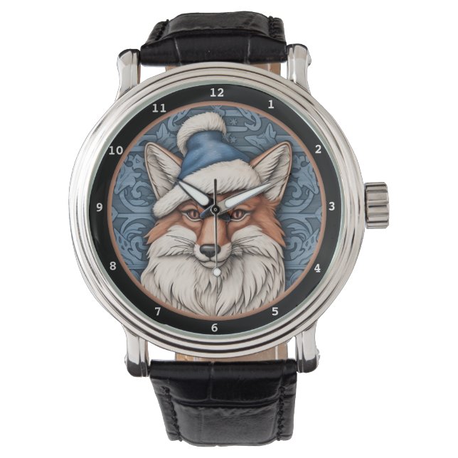 Charming Fox Blue Christmas Hat Image Horloge (Voorkant)