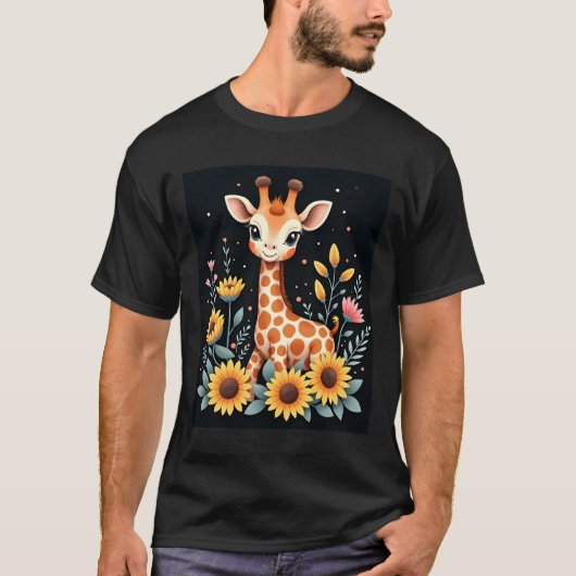 Charming Giraffe Surrounded By Flowers Long Sleeve T-shirt (Voorkant)