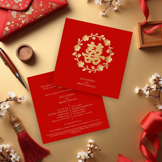 Charming Glitter Floral Chinese Double Happiness Kaart