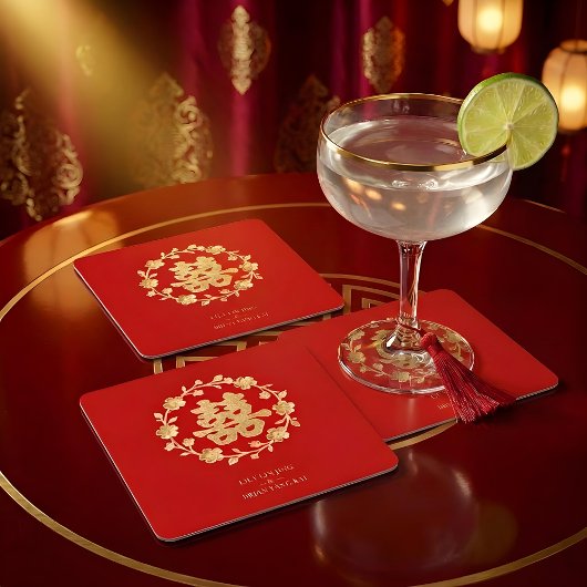Charming Glitter Floral Chinese Double Happiness Kartonnen Onderzetters