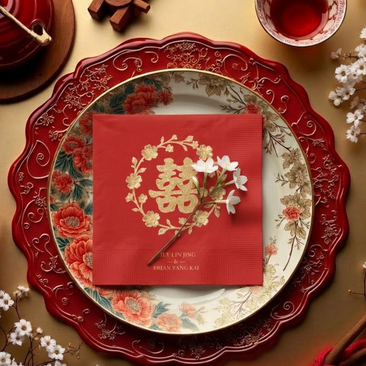 Charming Glitter Floral Chinese Double Happiness Servet