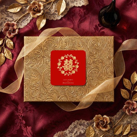 Charming Glitter Floral Chinese Double Happiness Vierkante Sticker