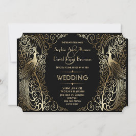 Charming Gold Art Deco Peacocks Wedding Kaart