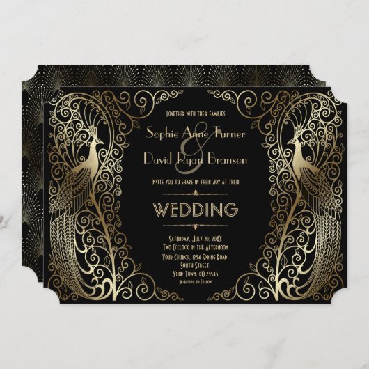 Charming Gold Art Deco Peacocks Wedding Kaart (Voorkant / Achterkant)