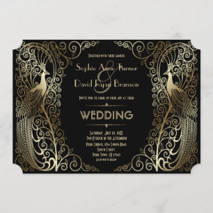 Charming Gold Art Deco Peacocks Wedding Kaart