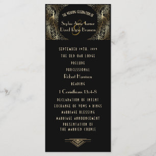 Charming Gold Art Deco Peacocks Wedding Programme Menu