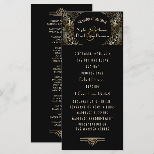 Charming Gold Art Deco Peacocks Wedding Programme Menu (Voorkant / Achterkant)