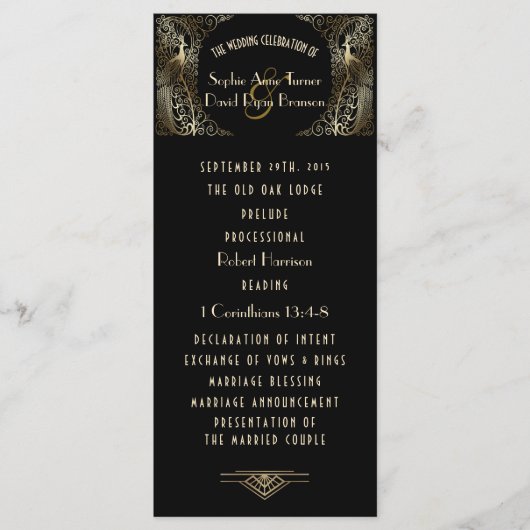 Charming Gold Art Deco Peacocks Wedding Programme Menu (Voorkant)