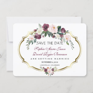 Charming Gold Burgundy Blush Floral Wedding Save The Date