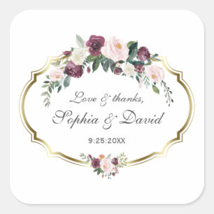 Charming Gold Burgundy Blush Floral Wedding Vierkante Sticker