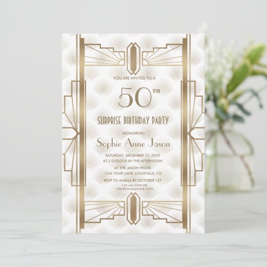 Charming Gold Great Gatsby Art Deco Birthday Party Kaart (Staand voorkant)