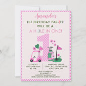 Charming Golf Pink Girl 1st Birthday Par-Tee Kaart (Voorkant)