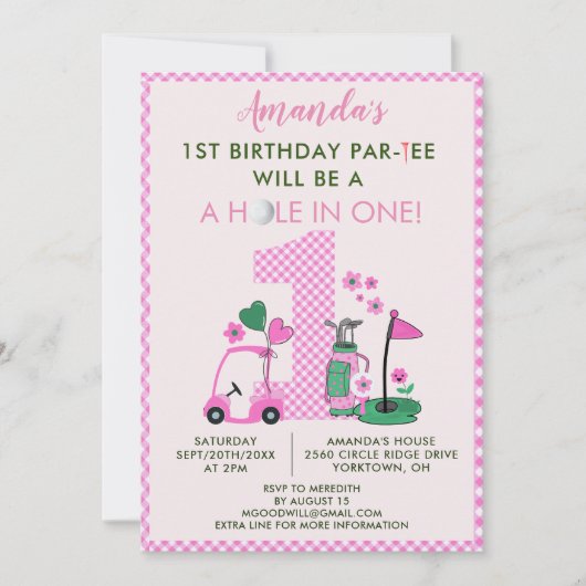 Charming Golf Pink Girl 1st Birthday Par-Tee Kaart (Voorkant)