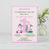 Charming Golf Pink Girl 1st Birthday Par-Tee Kaart (Staand voorkant)