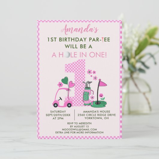 Charming Golf Pink Girl 1st Birthday Par-Tee Kaart (Staand voorkant)