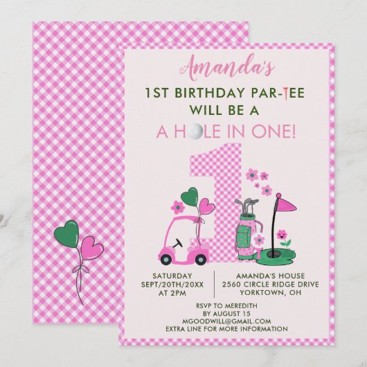 Charming Golf Pink Girl 1st Birthday Par-Tee Kaart (Voorkant / Achterkant)