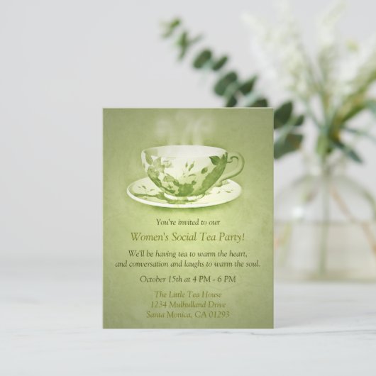 Charming Green Tea Party Invitation Kaart (Staand voorkant)